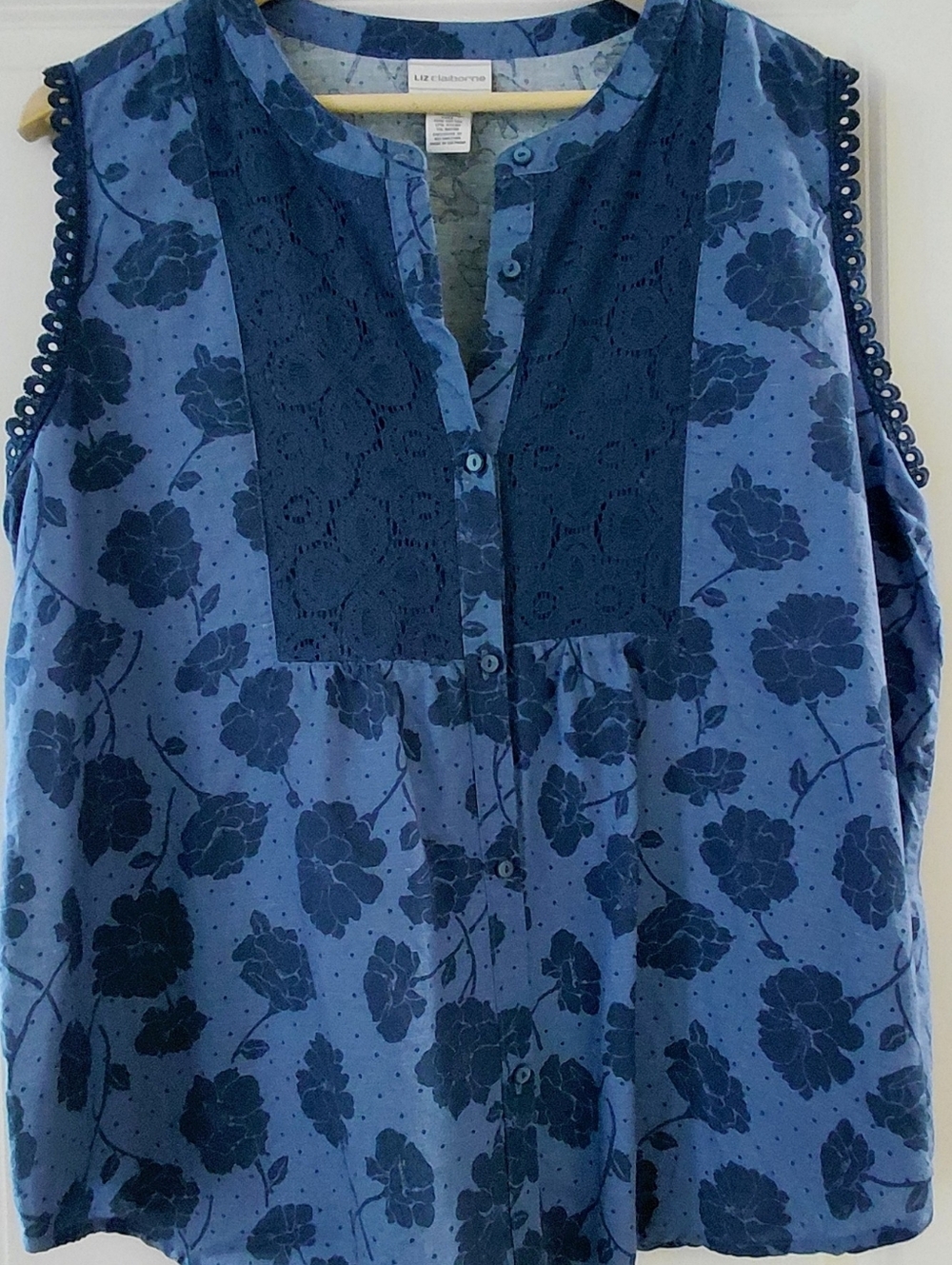 Liz Claiborne Blue Floral Lace-Yoke Sleeveless Top